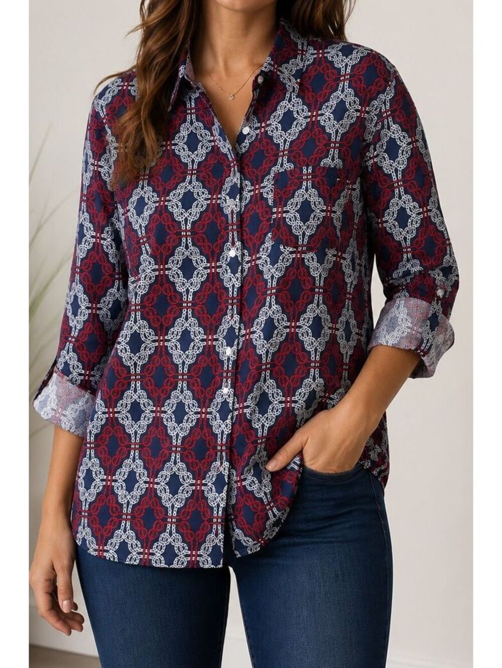 Tommy Hilfiger Heritage Shirt Women's 1X NWT Navy Red White Rope Print Cotton